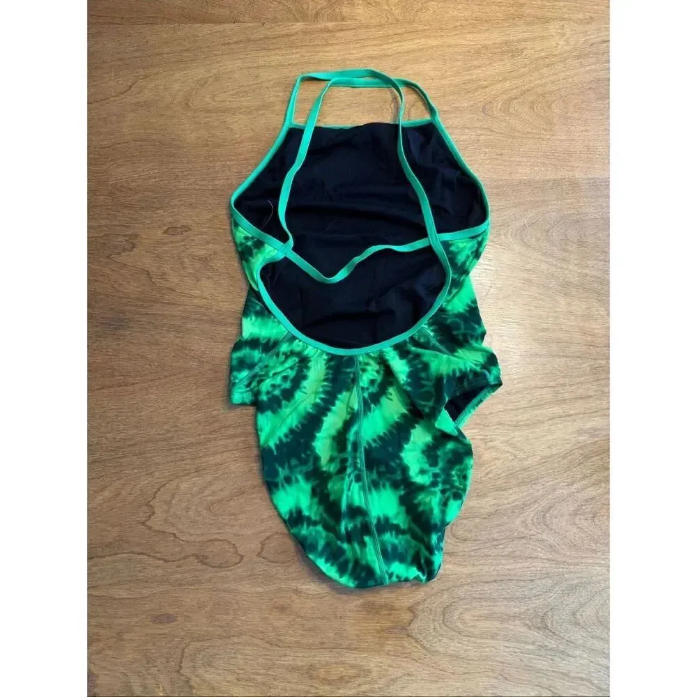 Speedo Youth Endurance+ Tie Dye Open Back One Piece Swimsuit Green Sz 40 NWOT